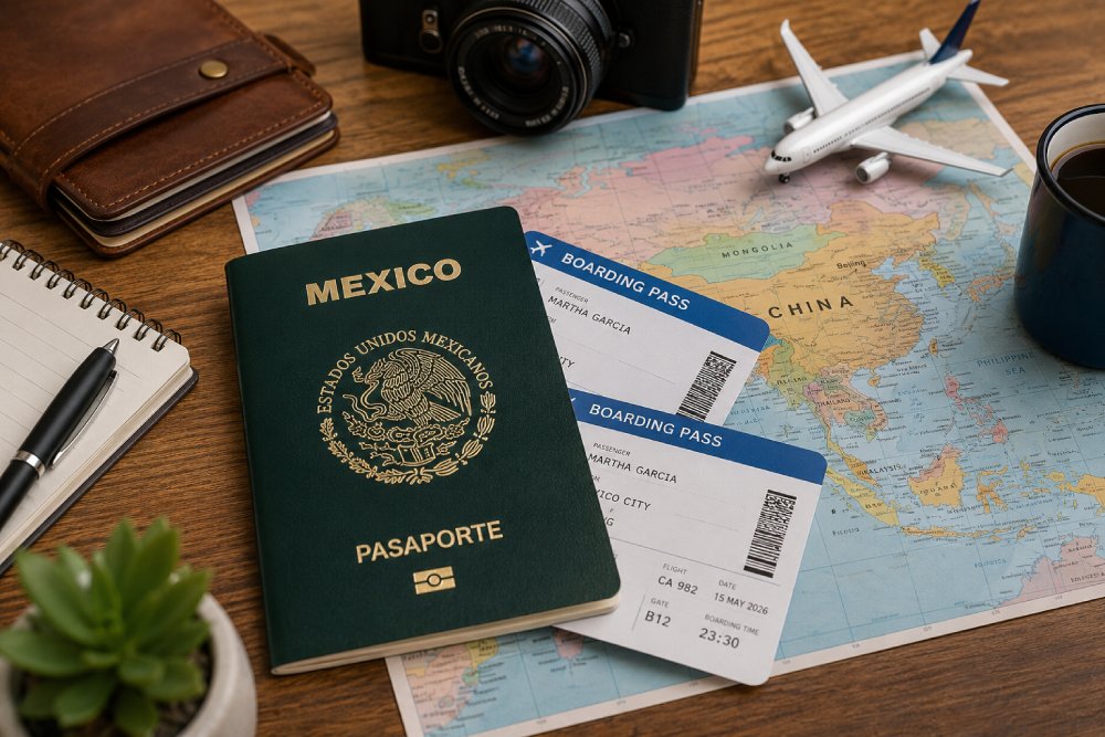 Pasaporte mexicano, pase de abordar, mapa y una camara sobre una mesa indicando estamos listos para la aventura